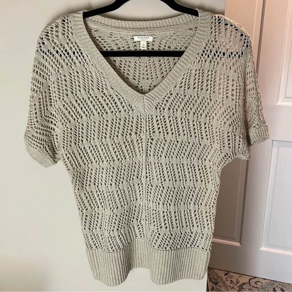 Sonoma V-Neck Knit Sweater Beige Short Sleeve Small